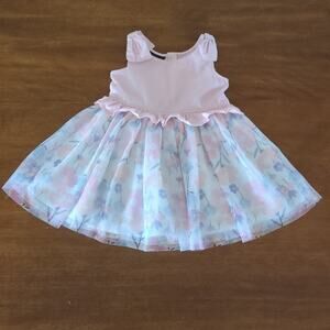 Girls Calvin Klein Pink Dress Ruffle Bodice, Flower Overlay Lined Skirt Size 2T